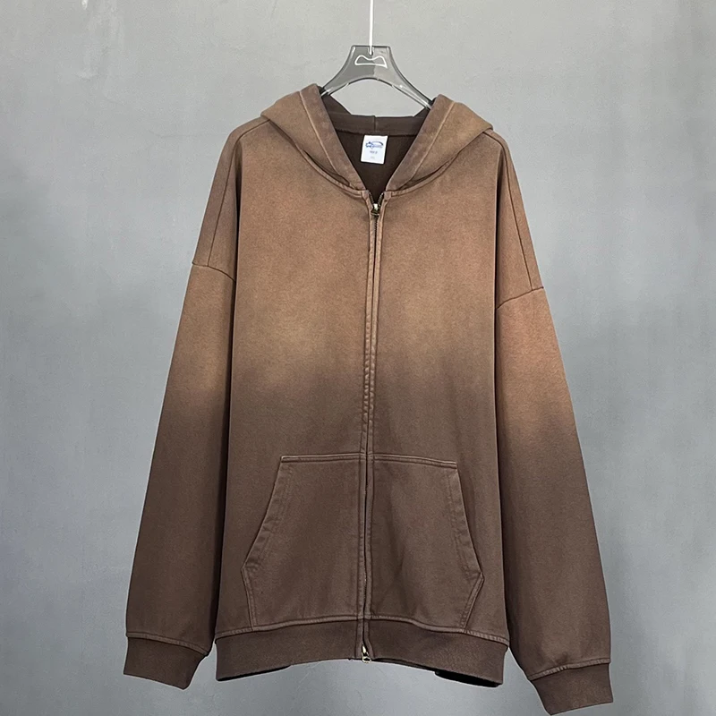 

Heavyweight Waed Vintage High Street ex Loose Casual Zipper Hoodie Trendy Youth Autumn Winter Hooded Jaet Sweatirt