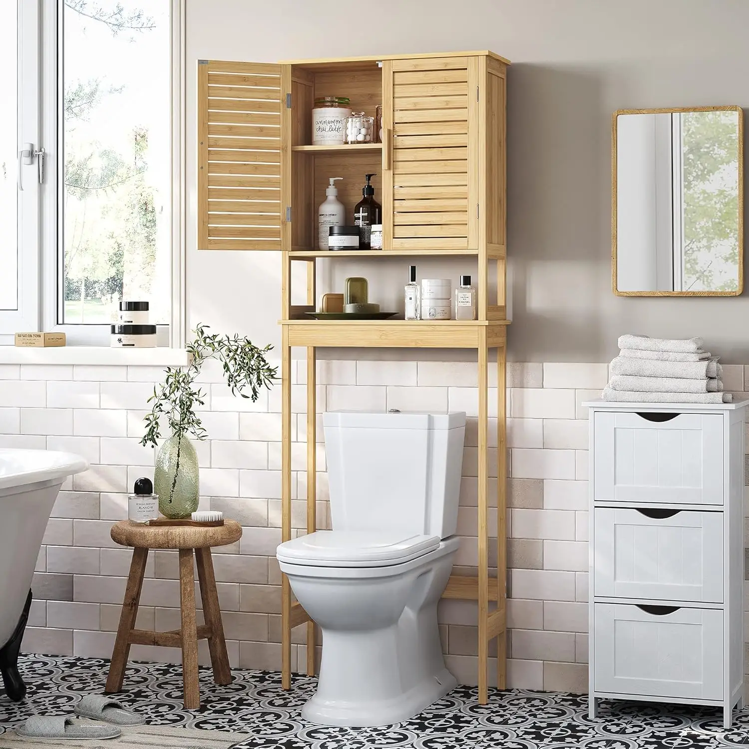 Over The Toilet Storage Cabinet Bathroom Cabinet with Adjustable Inside Shelf and Bottom Stabilizer Bar Natural Beige