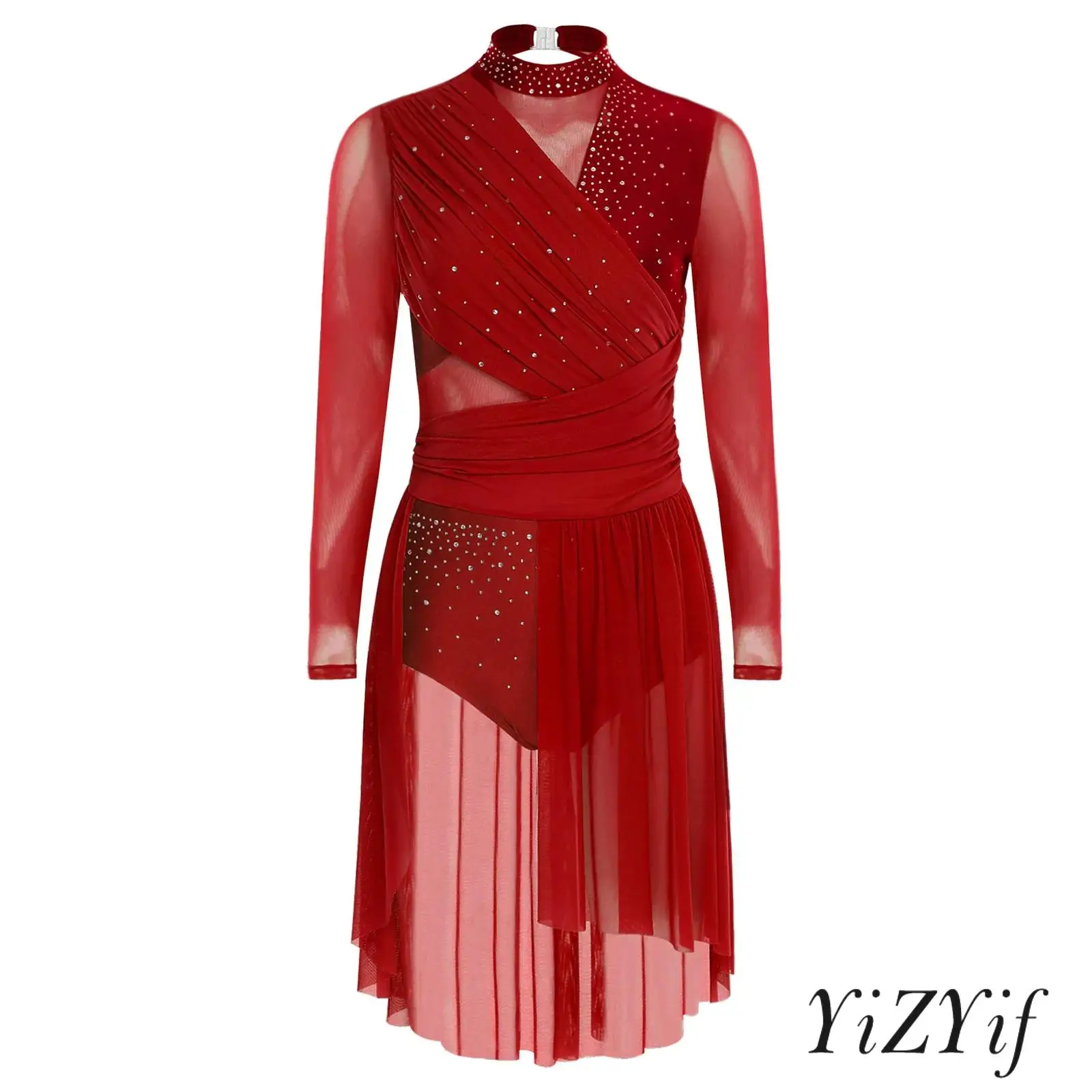 

Women Glittery Rhinestone Lyrical Jazz Dance Dress Long Sleeve Ruched Backless One Piece Leotard Dress Contemporary Dance Outfit