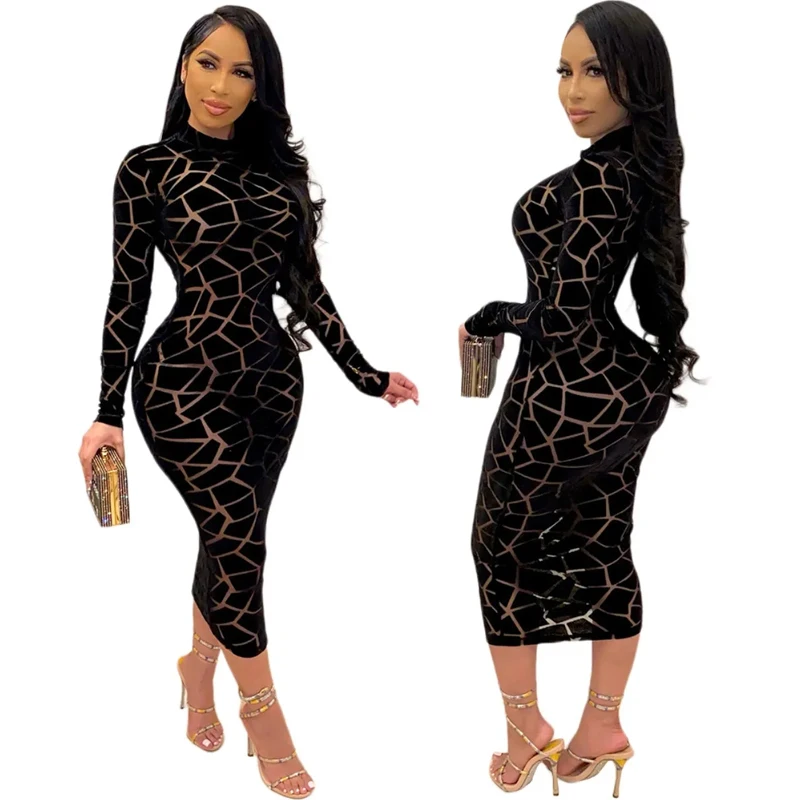 Sexy Elegant Geometric Print Dresses Long Sleeve Slim Fit See Through Patchwork Mock Neck Stretchy Bodycon Dresses Crossdressing