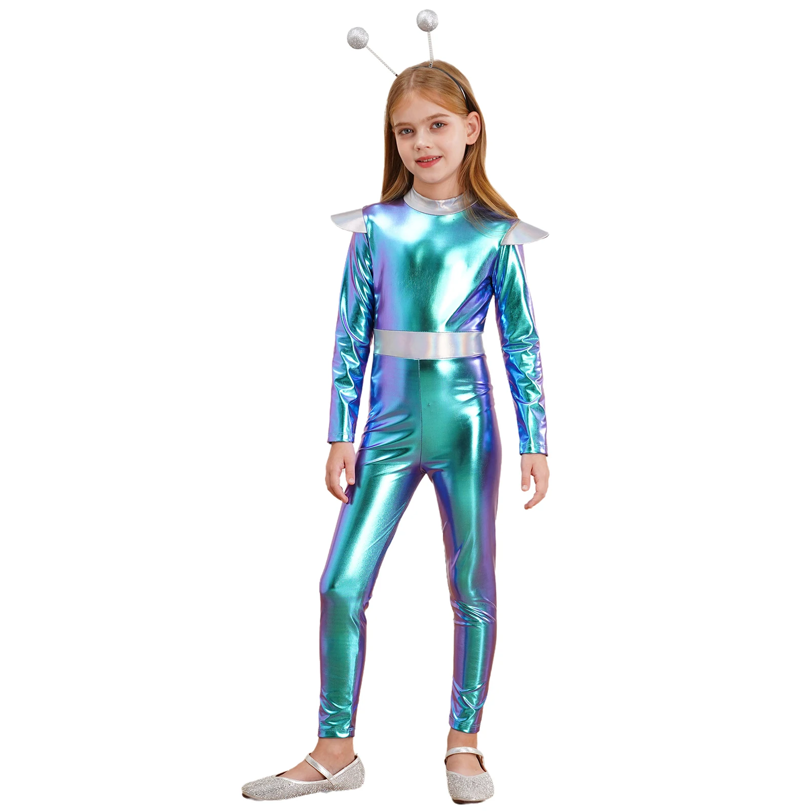 Costume cosplay alieno per ragazze per bambini Spazio uomo Body olografico Halloween Spazio esterno Combattente Carnevale Fancy Gioco di ruolo Dress Up