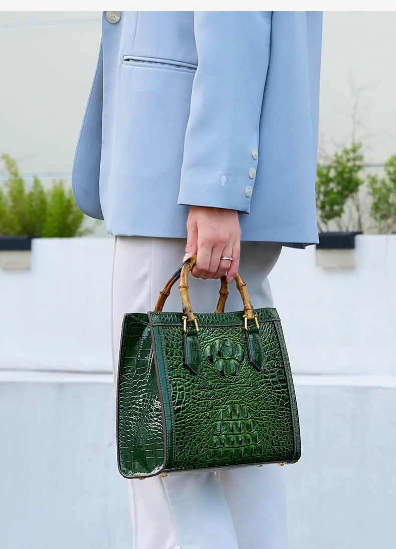 Crocodile Pattern Leather Women's Handbags Real Bamboo Top Handle Portable Tote Bag Mom Tide Shoulder Messenger Bags 2025 New