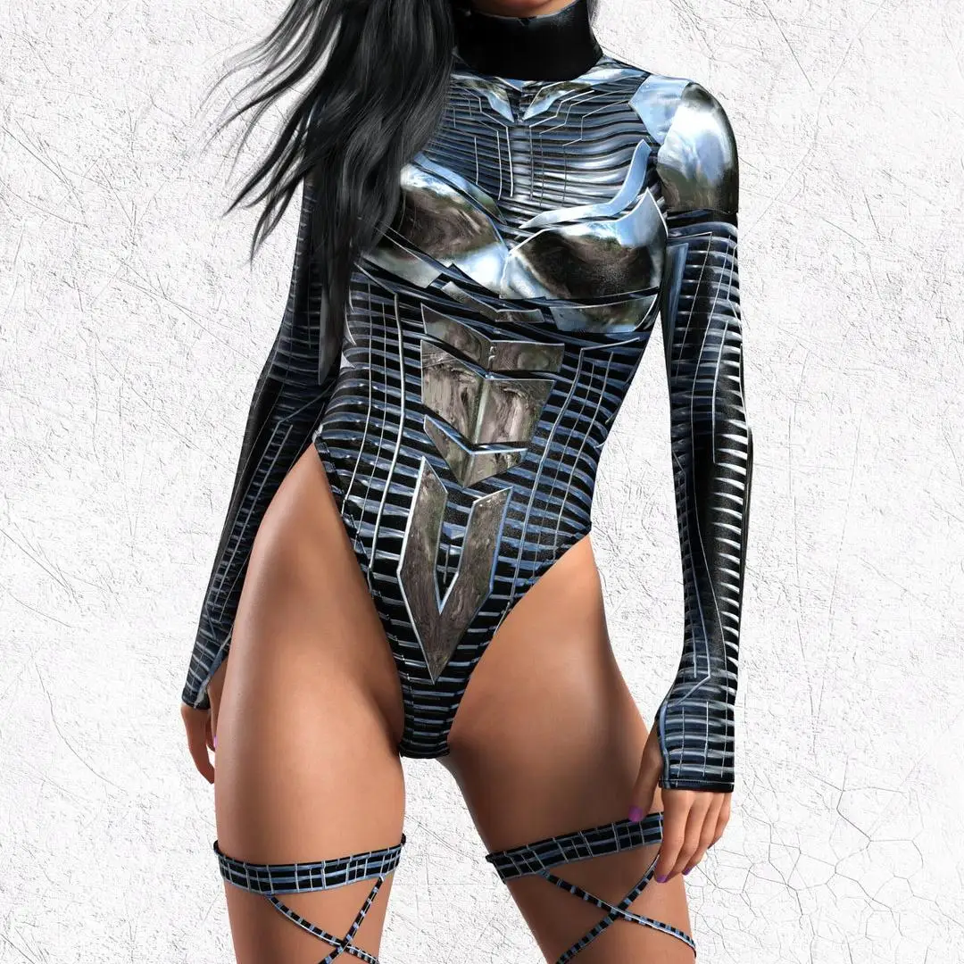 Damen Blauer Schlangenleder-Cosplay-Jumpsuit Badeanzug Netz Langarm Bademode Sexy Party Performance Tropische Oberteile Bodysuit – Detail 10