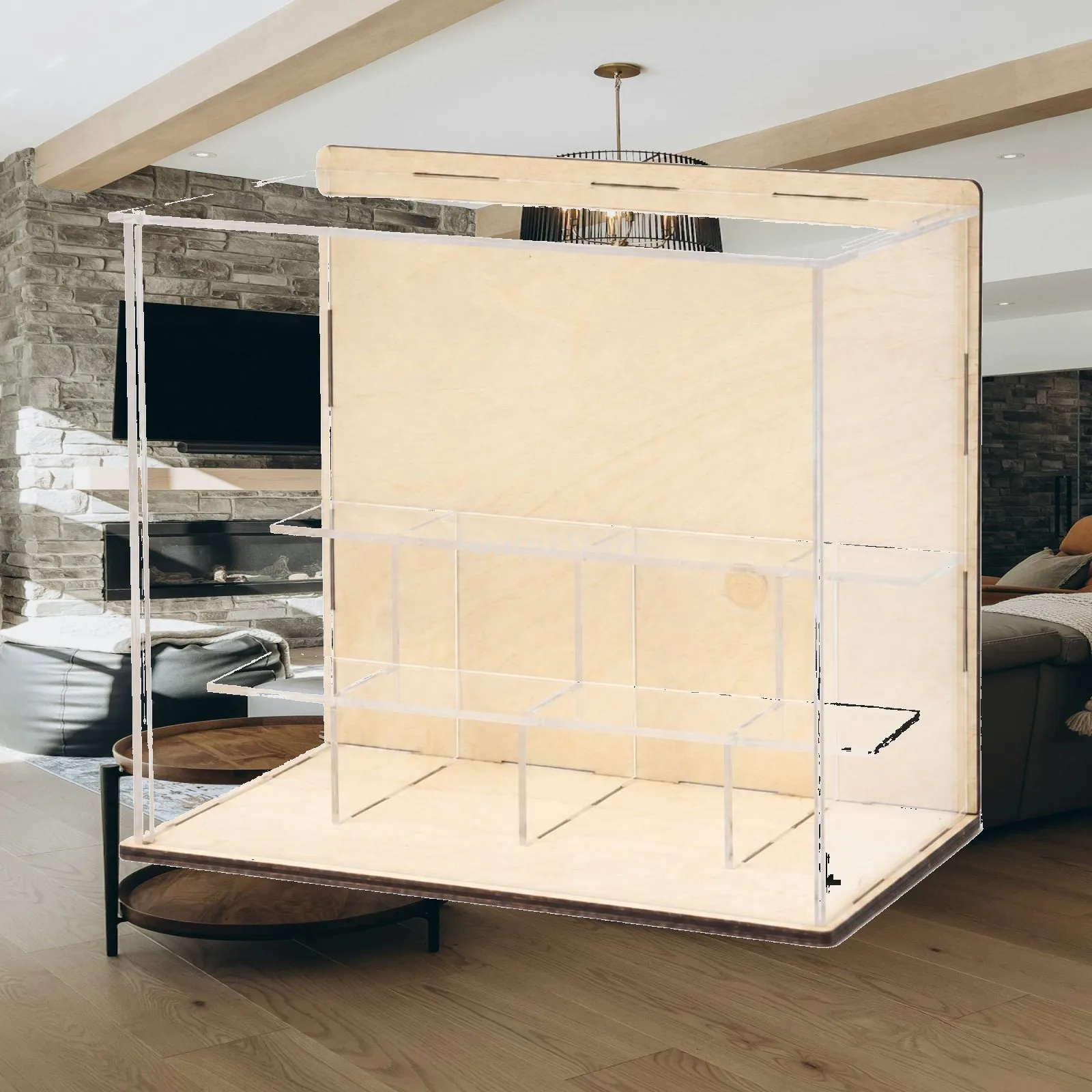 Slot-Together Acrylic Display Case with Wooden Foundation Set Assembly Acrylic and Wood Figurine Display Case Transparent for