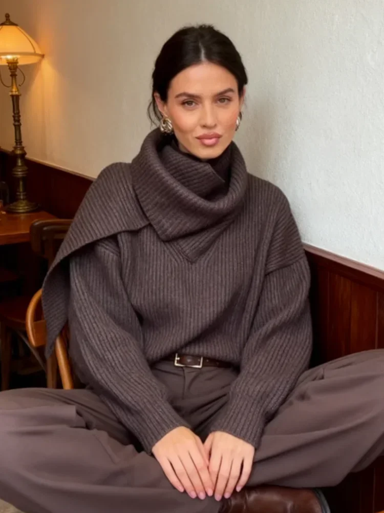 Solid Turtleneck Knit Short Pullover Women Chic Scarf Collar Full Sleeves Loose Warm Sweater Lady Daily Street Pullovers
