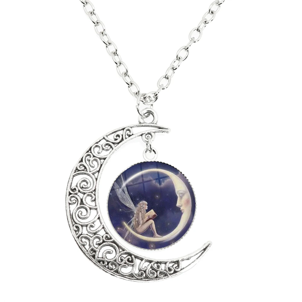 Flower Fairy Elf Necklace Glass Time Crescent Moon Pendant Elves Vanyar Chain Necklace for Women Girls Angel Jewelry Gift