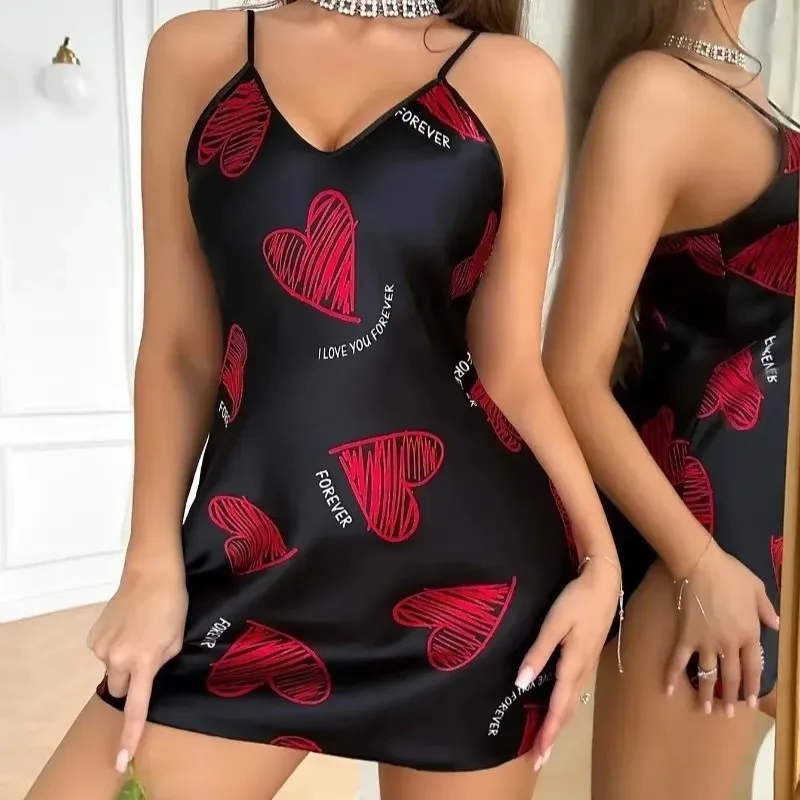 

Print Satin Slip Nightdress V Neck Backless Mini Sleep Dress Women Sleepwear Dresses Nightgown Cosplay Sexy Pajama