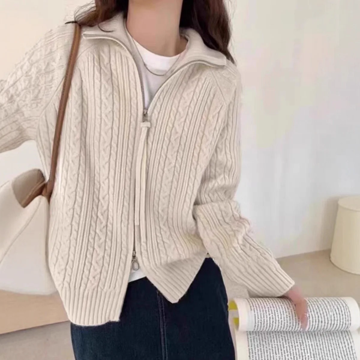 

Женский вязаный кардиган, свитер, однотонные джемперы, вязка на двойной молнии, водолазка с длинным рукавом, свободная посадка, повседневная осень-зима 202, осень-зима