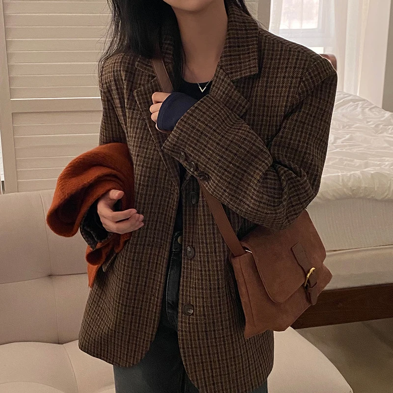 Vintage Plaid Women Blazers Japanese Autumn Winter Casual Office Lady Suit Jacket Female Retro Button Small Fragrance Outwear