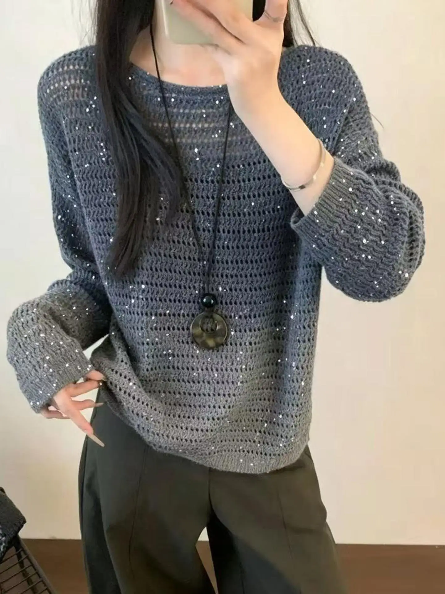Ladies Loose Fit Glitter Knitwear round Neck Hollow out Long Sleeve Shiny Sequin Top Comfortable Lazy Vintage Style Sweater