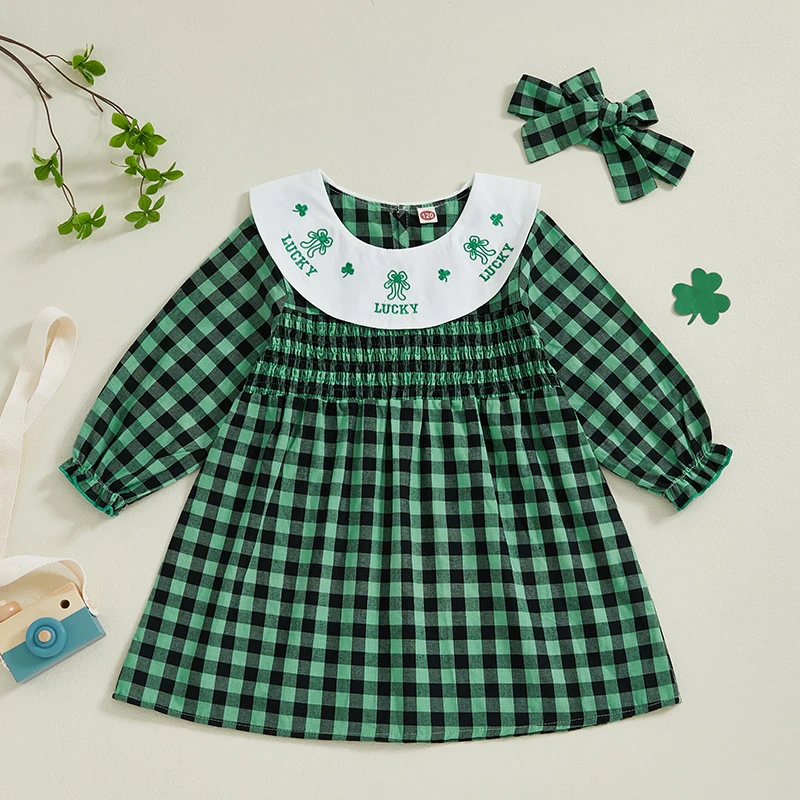 Little Girl Plaid Dress Clover Embroidery Shirred Doll Collar Long Sleeve A-line Dress with Bow Headband 2 Pcs Set