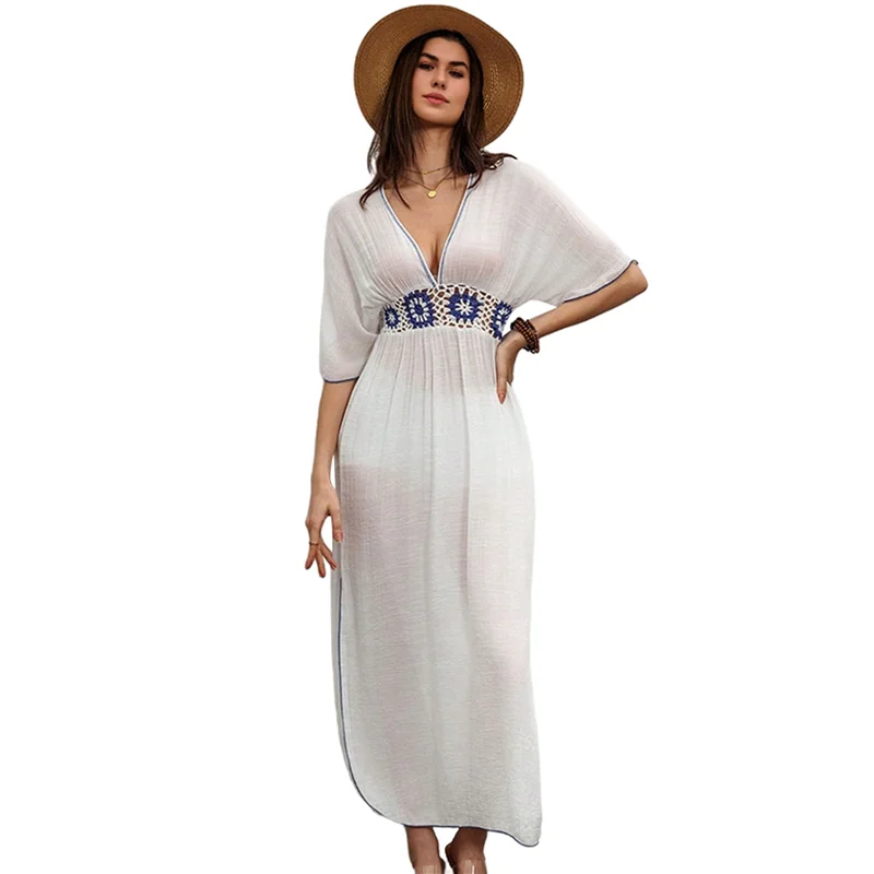 ABRT-فستان ماكسي نسائي مطرز بالزهور، أبيض، فضفاض، رقبة على شكل حرف V