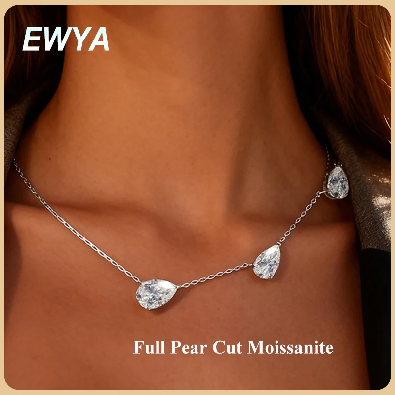 EWYA 3-Stone Pear Cut Graduated Moissanite Pendant Necklace s925 Silver East West Teardrop All Diamond Neck Chain Women Gift