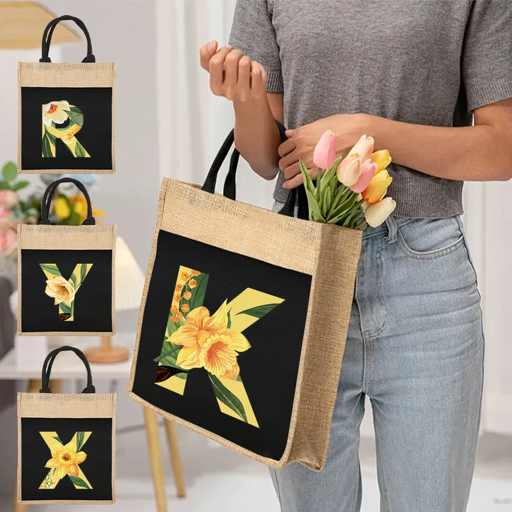 Fashion Shopping Bag Floral Letter Series Jute Bags Large Capacity Commuter Storage Bag Lightweight Summer Beach Shoulder Bags