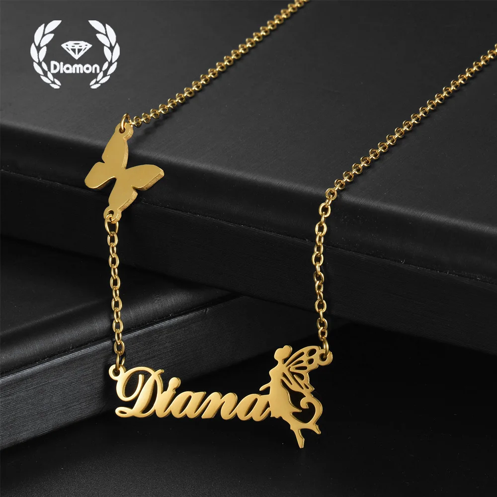 

Diamon Personalized Custom Name Necklace Stainless Steel Jewelry Butterfly Pendant Fairy Crown Heart for Women Jewelry Gift