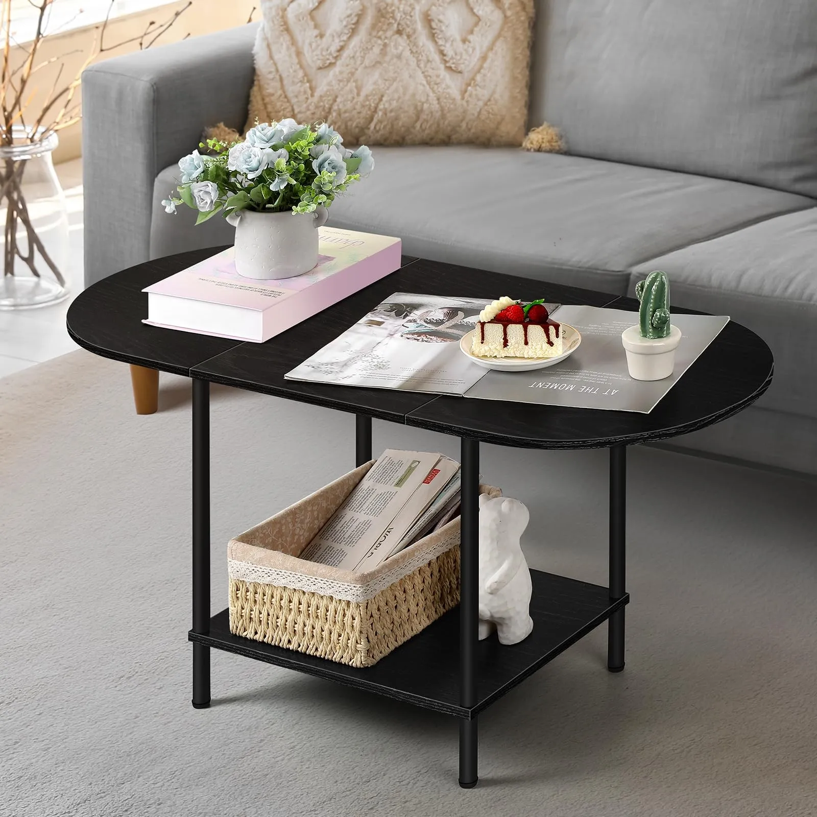 طاولات المقهى، طاولة قهوة بيضاوية سوداء أنيقة مع تصميم من طبقتين لغرفة المعيشة، طاولة مركزية صغيرة، مظهر حديث لمنتصف القرن #2