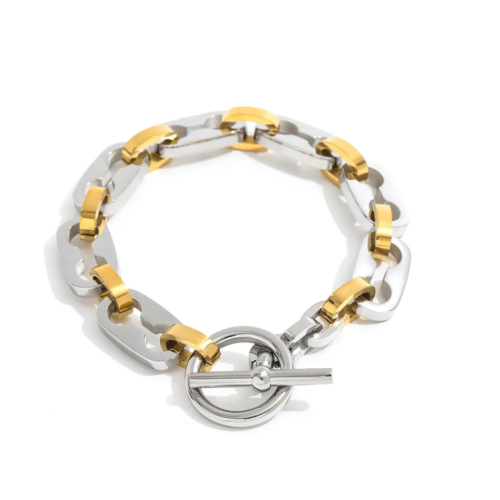 

Joolim Jewelry Wholesale High End PVD Waterproof Fashion Chunky Two-tone Chain Toggle Stainless Steel Bracelet for Women