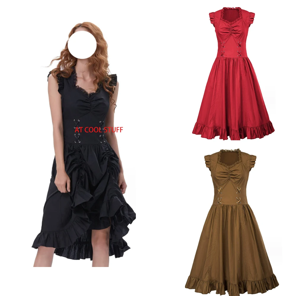 Women Pirate Sleeveless Dress Medieval Victorian Era Pleat Skirts Celtic Ruched Bodice Steampunk Clothing Western Cowgirl Dress