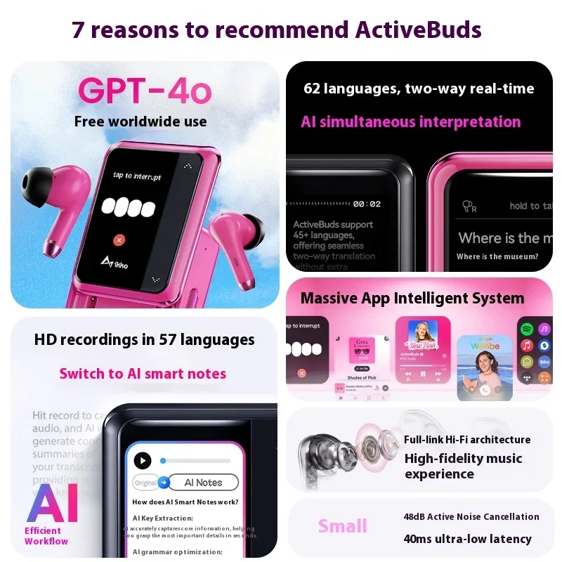 iKKO ActiveBuds - Touch Screen Smart Bluetooth Earbuds with GPT Conference and AI Recording Translation, Pink