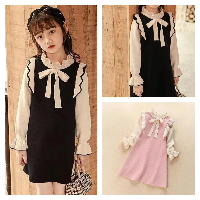 

Популярное кавайное платье-пуловер для девочек, модное студенческое осенне-зимнее повседневное трикотажное платье с круглым вырезом, топы, свитер, юбка, детская одежда