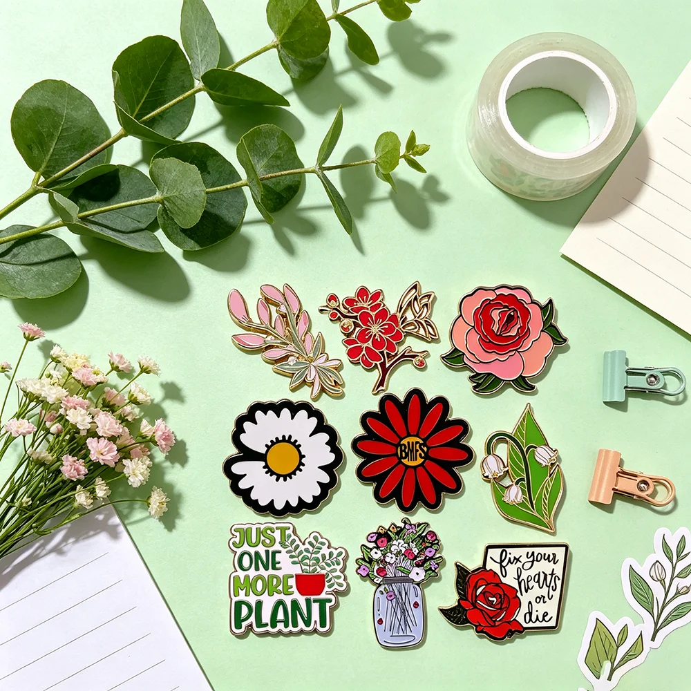 Artistic Botanical Enamel Pin Rose Cherry Blossom Daisy Lily Floral Brooch Plant Slogan Badge Clothing Bag Decor Jewelry Gift
