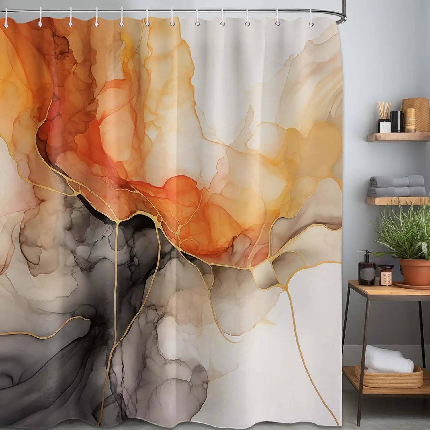 Orange marble shower curtain abstract crack color bathroom decoration, tarpaulin fabric with hook 180X180CM