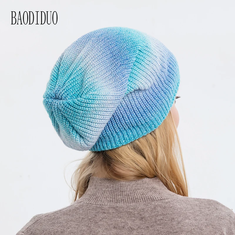 Xinbaoguan 60% Acrylic 9858 Autumn and Winter New Knitted Hat Trend Gradient Tie Dye Warm Hat Rainbow Fashionable Woolen Hat