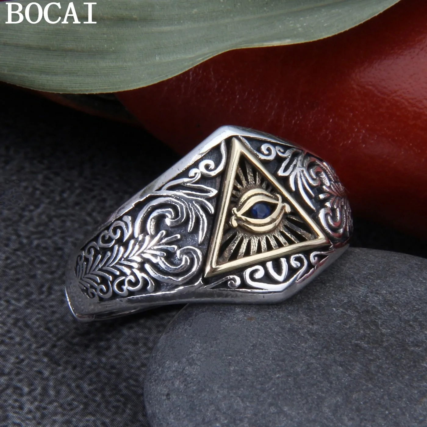

BOCAI NEW S925 Sterling Silver Vintage Personality Eye of God Tang Grass Pattern Open Ring