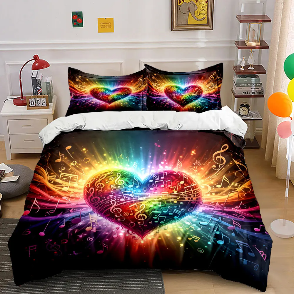 Vibrant rainbow heart with musical notes Print Soft Comfortable Duvet Cover Bedding Set Included 1*Duvet Cover 2*Pillowcases