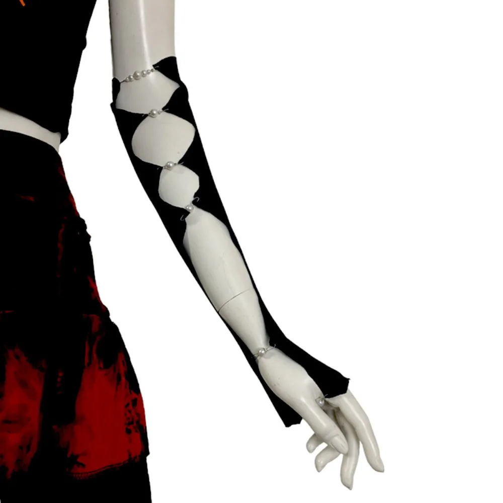 Fashion Cool Black Punk Arm Sleeves Thin Springy Pearl Half Finger Arm Cover Leg Socks Y2K Hollowed Calf Sleeve Girls