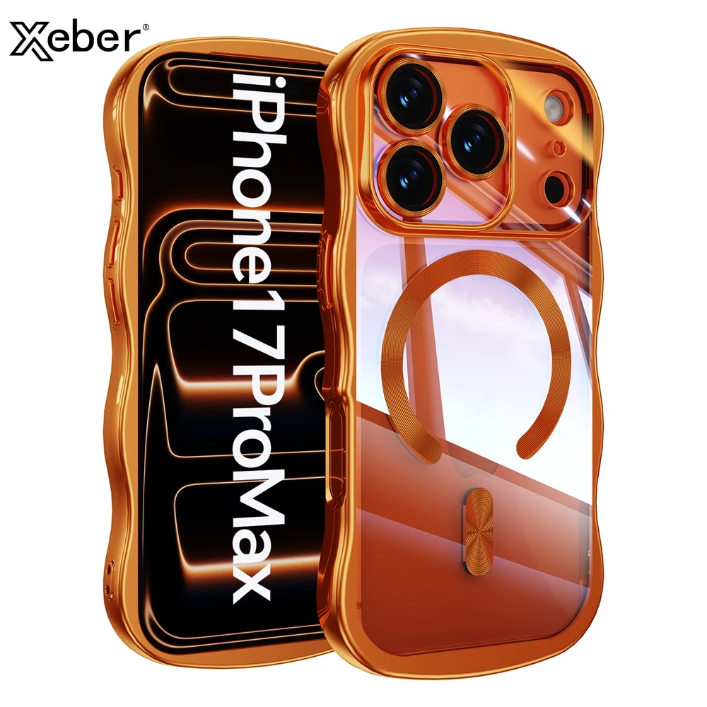 Luxuriöse magnetische Handyhülle mit Überzug für iPhone 17, 16, 15, 14, 13, Pro Max, einfaches Wellen-Design, gewellter Rahmen, transparente weiche Abdeckung