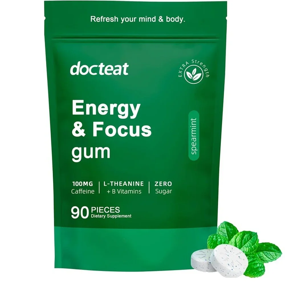 Energy & Focus Gum Extra Chewable Tablets with Natural Caffeine, L-Theanine, Vitamin B6 and B12, Sugar Free, 90 Pieces