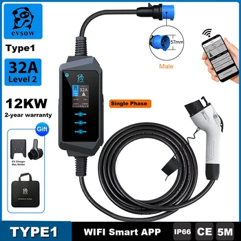 Evsow แบบพกพา EV Charger Type1 12KW 50A 1P เครื่องชาร์จรถยนต์ไฟฟ้าพร้อม WIFI APP ควบคุม Current & ชุดเวลาชาร์จ 5M