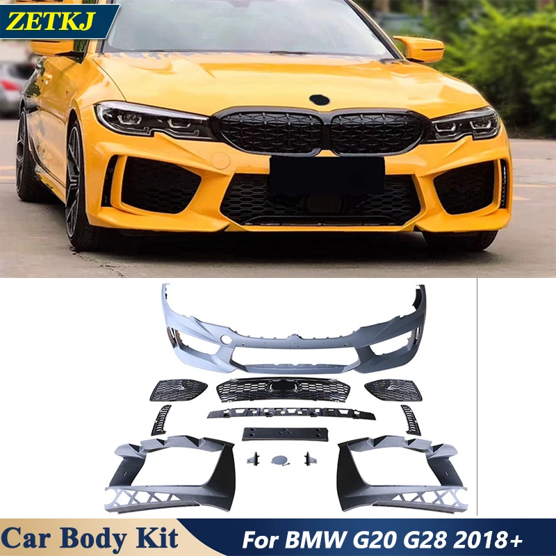 Car Front Bumper Set Modified to M8 Style Unpainted ABS with Grilles For BMW New 3 Series G20 G28 2018+ Car Upgrade Modification