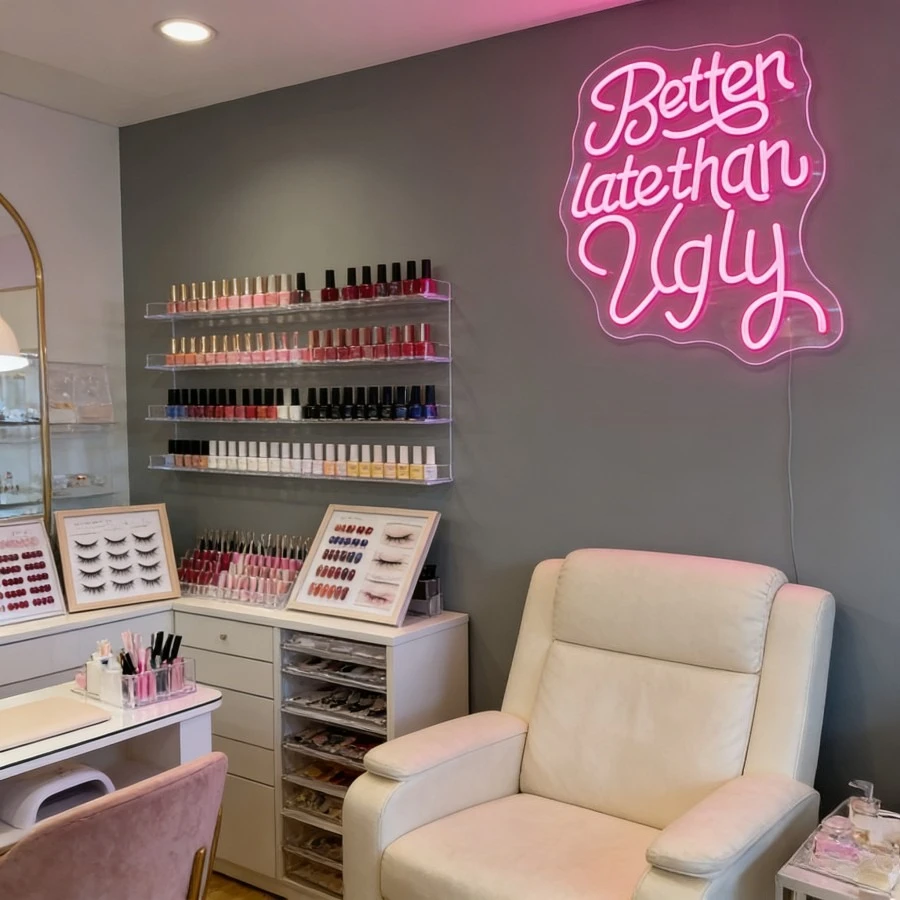 Better Late Than Ugly LED Neon Sign Pink USB Powered Dimmable Wall Art for Beauty Salon Makeup Room Vanity Decor