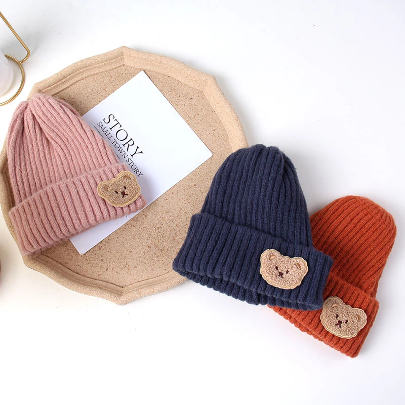 Korean Bear Baby Knit Hat Autumn Winter Warm Toddler Cap for Boy Girl Beanies Cute Solid Color Cartoon Kids Knitted Hats