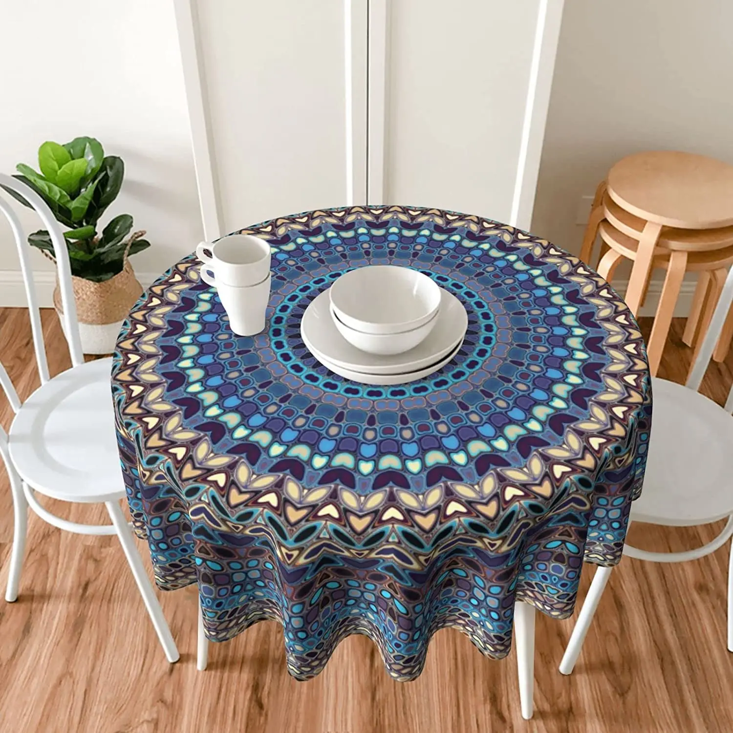 

Blue Mandala Tablecloth Round Table Cover Washable Polyester Table Cloth for Dinner Kitchen Party 60 Inch