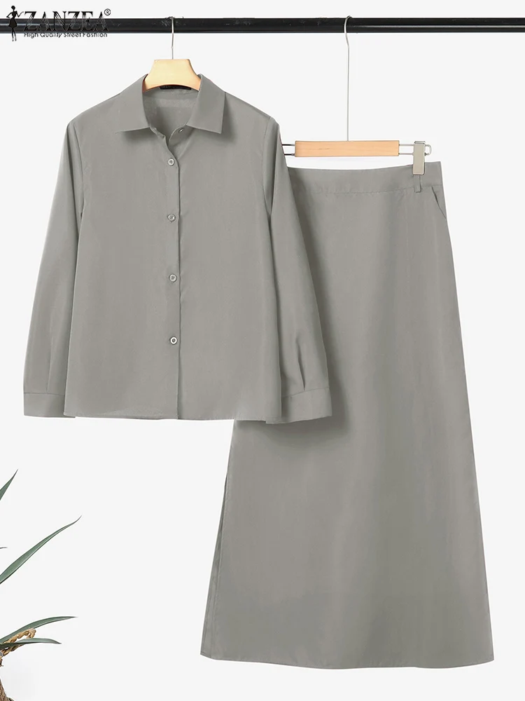 

ZANZEA Элегантные женские комплекты, однотонные рубашки с длинными рукавами, макси-юбки, винтажные рабочие костюмы OL, 2025 г., повседневная одежда, одинаковые комплекты платьев