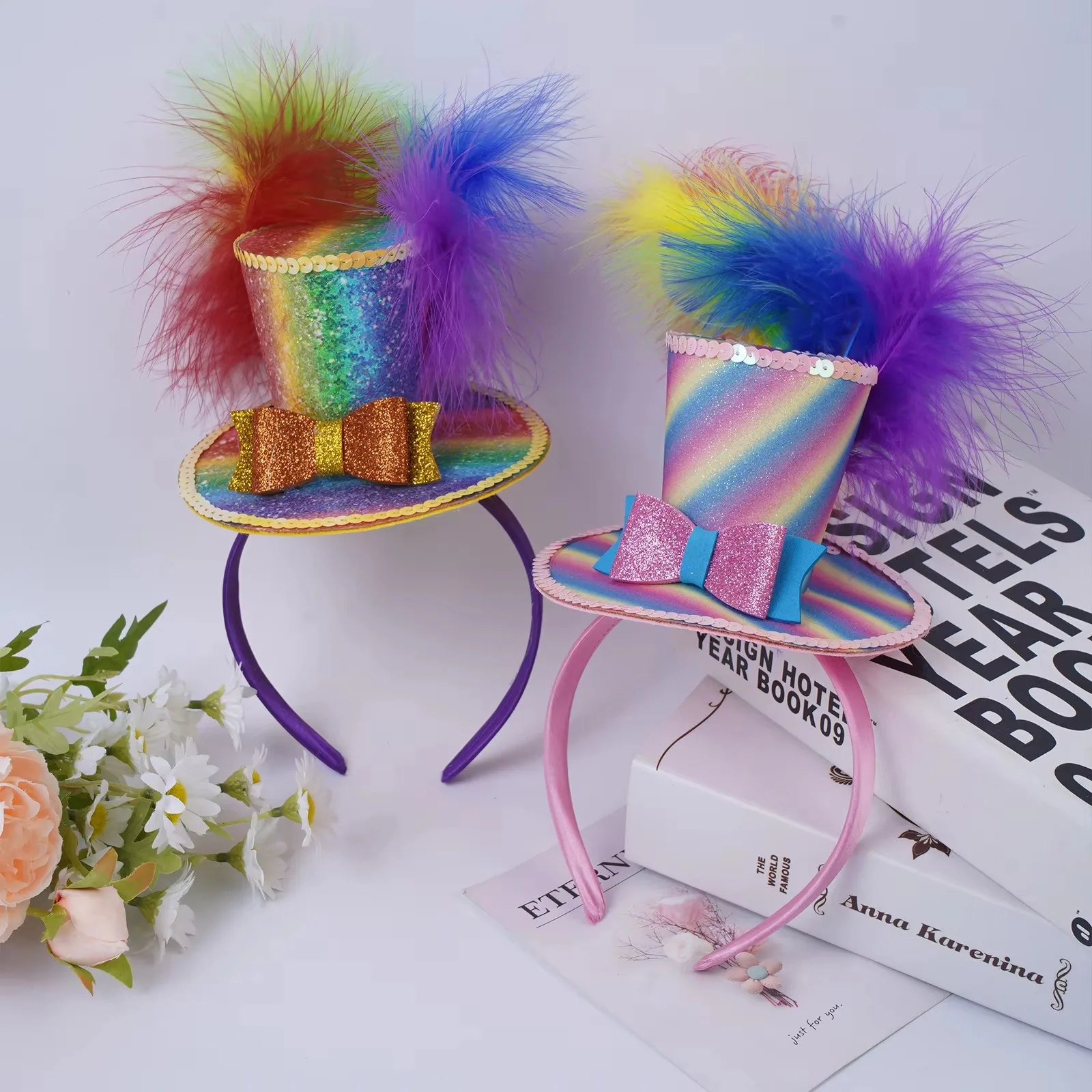 Fascinators Mini Top Hat Carnival Party Dress Up Headband Feather Sequin Hair Hoop Halloween Cosplay Rainbow Bow Photo Hairloop