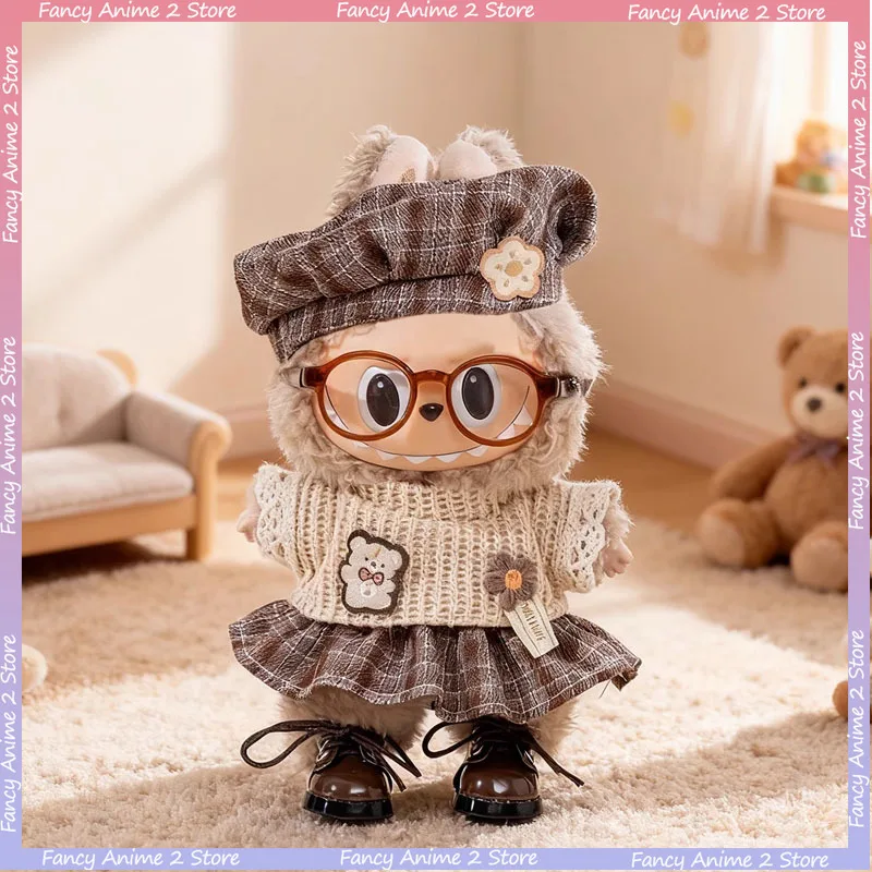 

For 15-17CM V1 V2 V3 Labubu Mini Plush Doll Beret Hats Clothes Skirts Shoes Glasses Clothing Set Fashion Accessories Toy Gifts