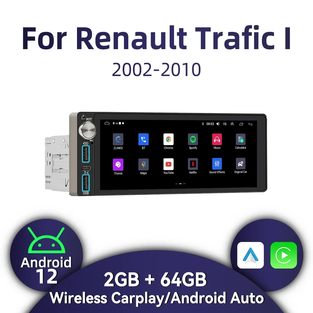 

Wireless Carplay Autoradio 6.86" Screen 1Din Radio Android Car Multimedia for Renault Trafic I 2002-2010 Stereo Head Unit GPS BT