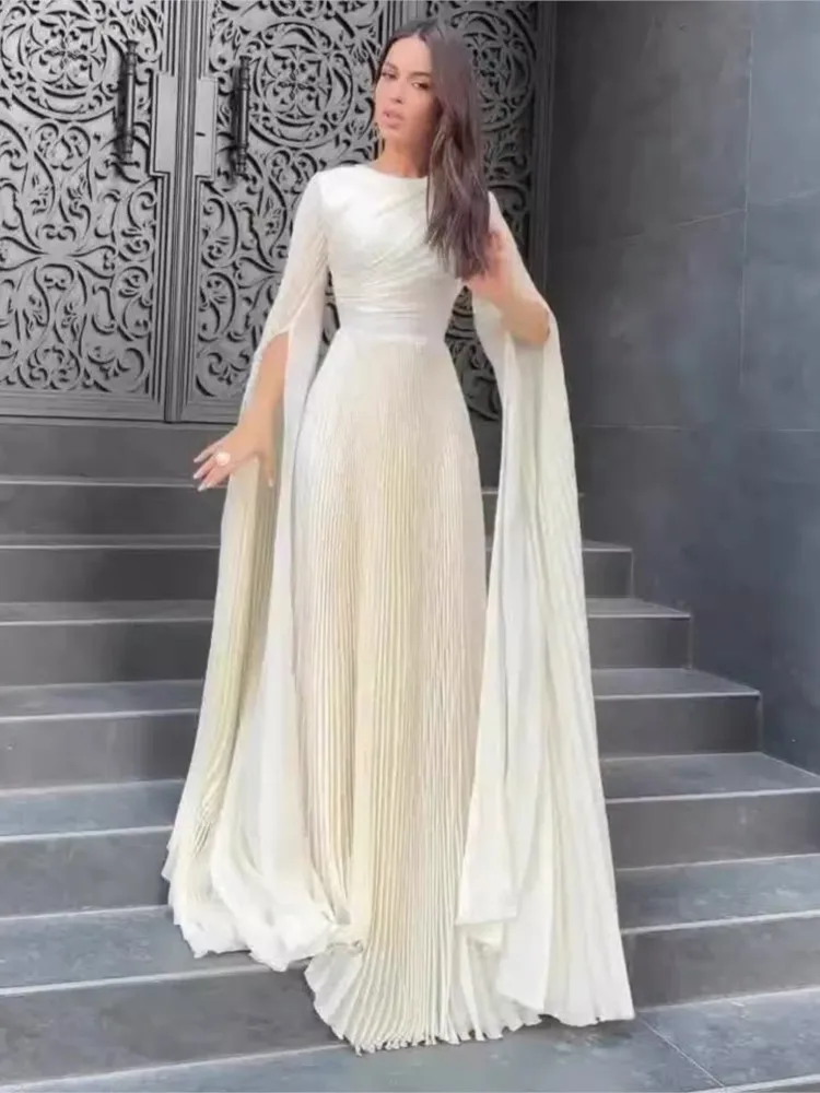 فستان أنيق ذو ثنيات بلون واحد موضة عالية الخصر فساتين سهرة طويلة ضيقة لخريف 2025 فساتين حفلات نسائية بأكمام طويلة #3