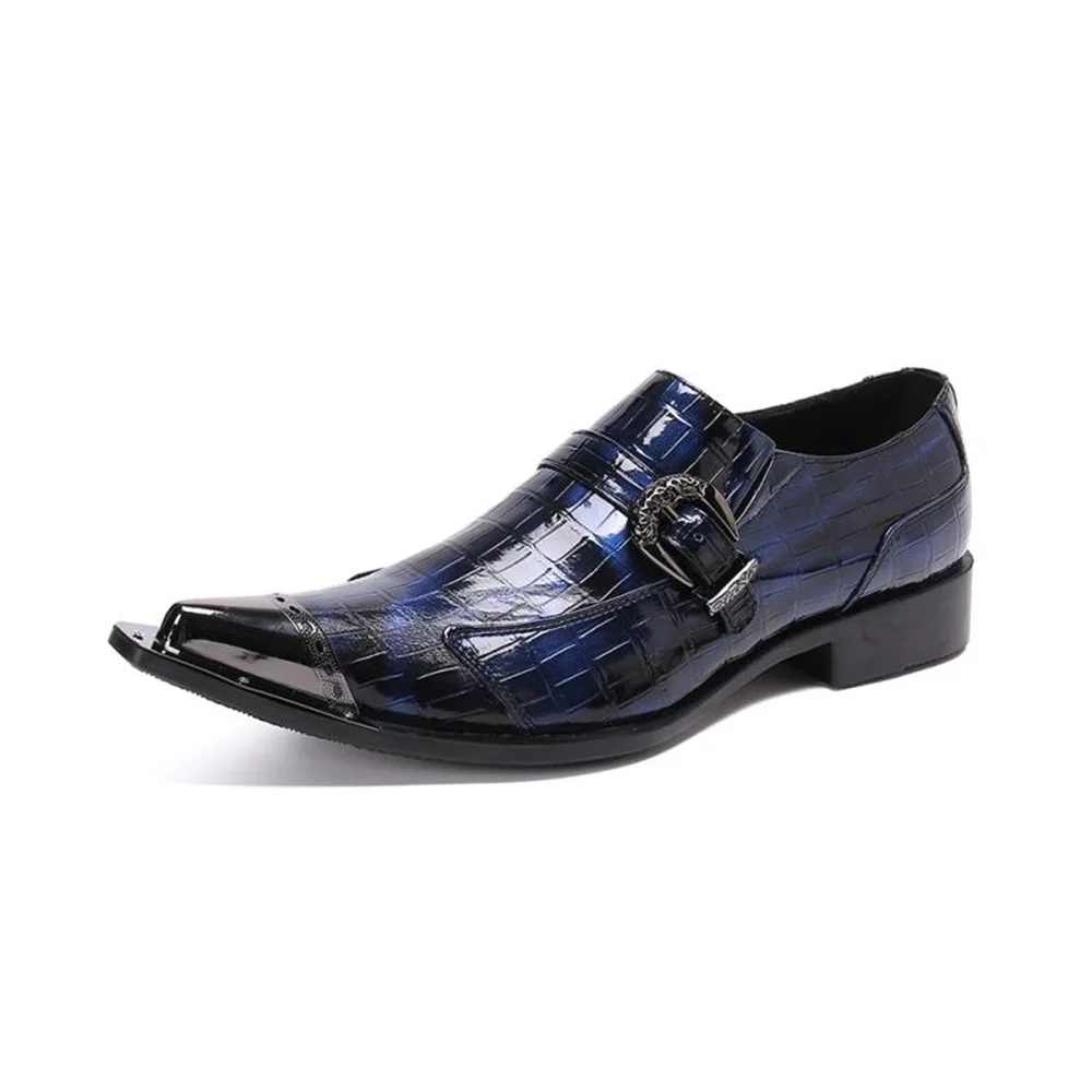 Blue Pointed Toe Oxford Shoes Men Slip-on Buckle Flats Formal Dress Wedding Leather