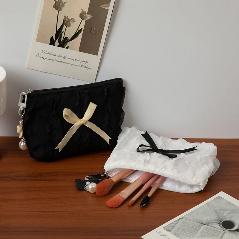 Cute Women Makeup Mini Bag Korean Lace Bow Portable Coin Purse Small Pouch Handbag Kawaii Female Cosmetic Storage Zipper Bag