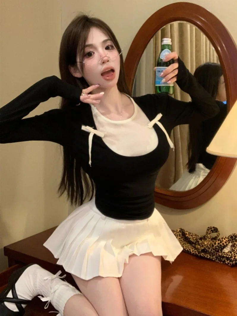 スリミング-ブラ-ホワイト-コントラスト-カラー-ブロ-ベース-レイヤー-トップ-レディース-ファッション-バレエ-スリーブ-インナー-ウェア-ノット-イルト