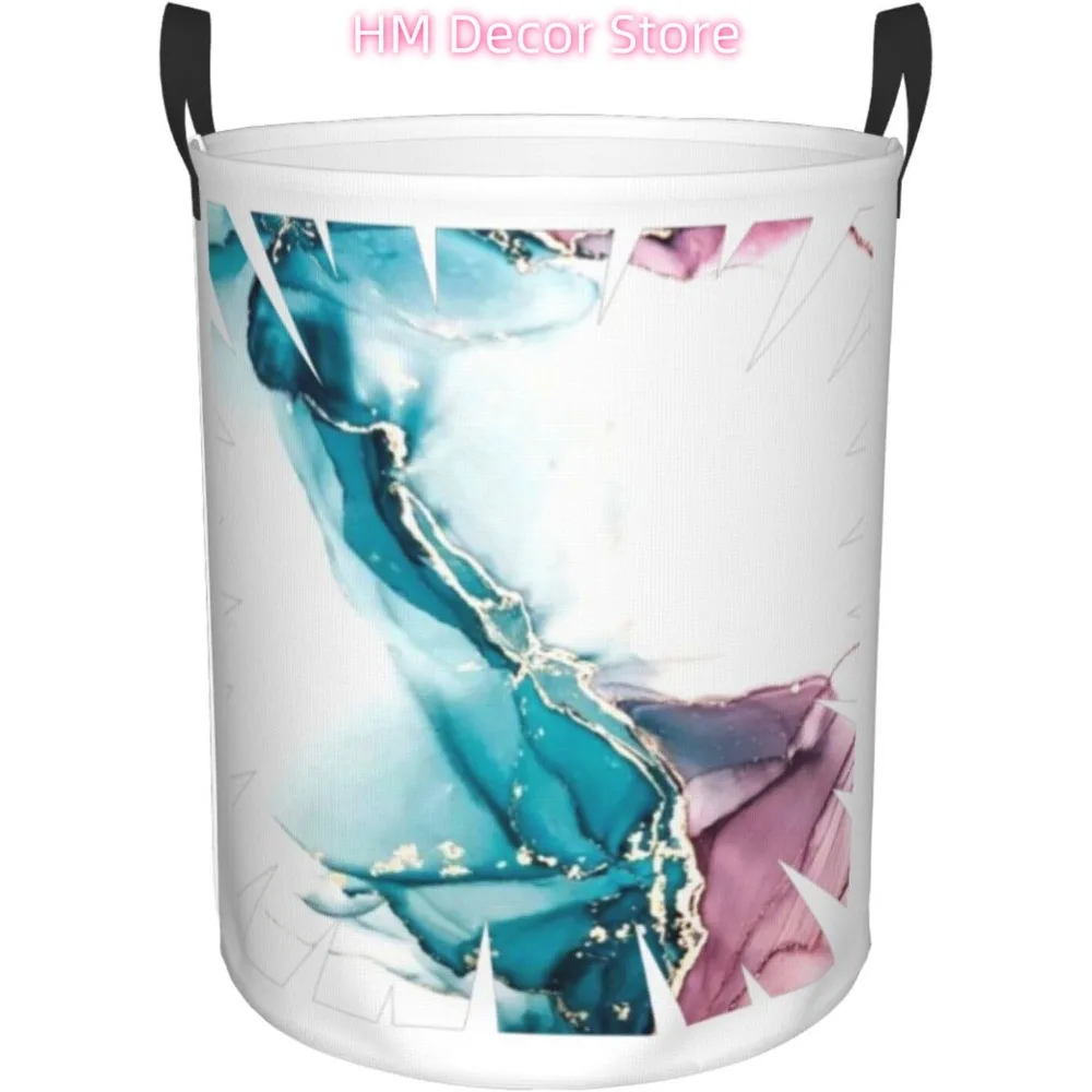

Purple Blue Splash Marble Laundry Basket with Handle Waterproof Collapsible Cloth Hamper Round Storage Basket for Bathroom Bedro