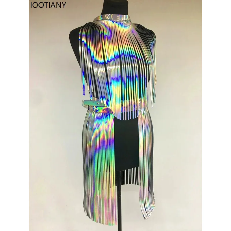 

25COSMusic Festival Блестящий лазерный пояс с кисточками для женщин Косплей Сценическое представление Flash Pu Юбка Пояс Аксессуары Разноцветный костюм S