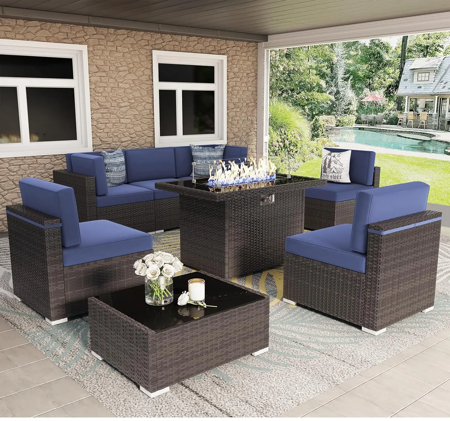 u*-8 Pieces Patio Furniture Set With 44" Propane Gas Fire Pit Table, Outdoor Sectional Brown Rattan Wicker, Customized