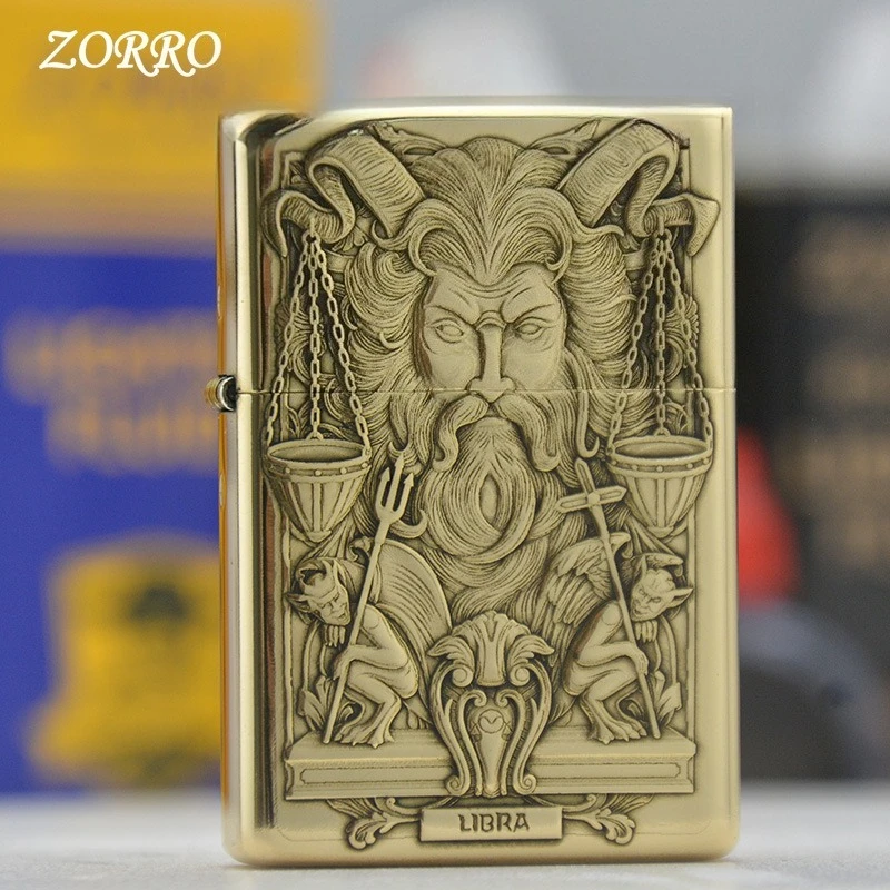 ZORRO Messing 3D Geprägtes Zwölf-Sternzeichen Kerosin-Feuerzeug, Personalisiertes und Kreatives Retro-Geschenk für Männer