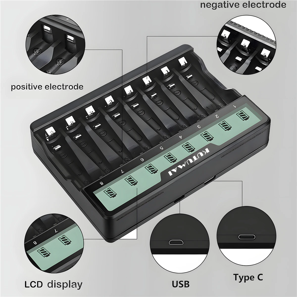 Battery Charger 8 Slots Smart Protection LCD Display USB Output For AA/AAA Ni-MH NI-CD Independent Rechargeable Batteries Charge